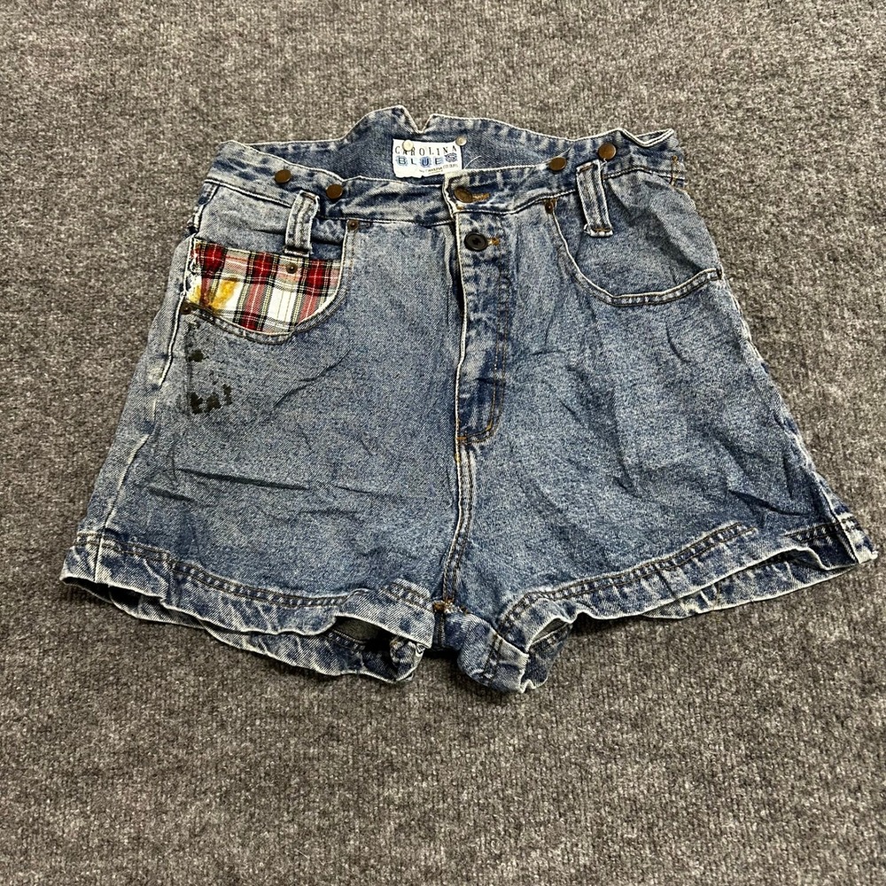 Carolina Blues Denim Shorts Womens Size 29 Blue Plaid Pocket High Waist Fair
